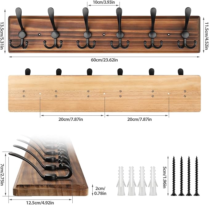 Coat Rack Wall Mount, Wooden Heavy Duty Coat Rack for Wall,6 Triple Coat Hanger Hooks for Hanging Coats,Jacket,Hat,Clothes (Brown, 6 Hooks)
