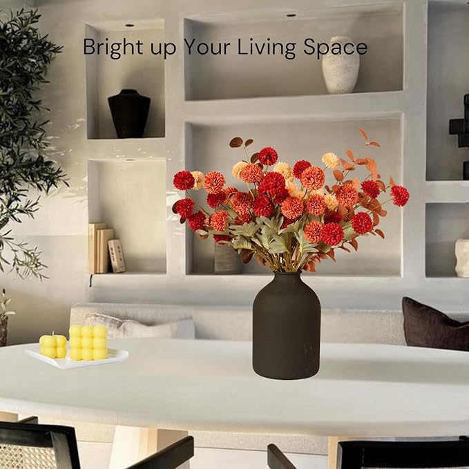Fall Flowers, Burnt Orange Faux Kiku Flowers Artificial 10 Stems + Eucalyptus, Fake Silk Mums Fall Floral Centerpiece, Autumn Decor, Terracotta Mini Balls Faux Stems For Vase, Decoración de Otoño