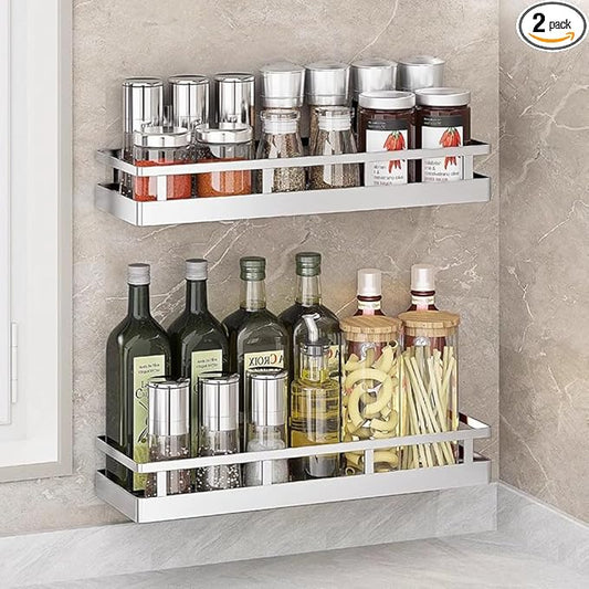 2PCS Kitchen Spice Rack, SUS304 Stainless steel Wall Mount Storage Rack, Seasoning Container, 15.7Inch Spice Organizer, Kitchen Seasoning Hanging Rack, Bathroom Shelf for Storing Toiletries