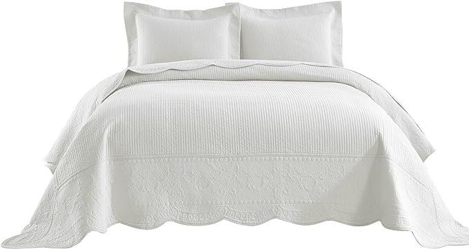MarCielo 3-Piece 100% Cotton Oversized Bedspread Lightweight Quilt Coverlet Embroidery Farmhouse Bedding Set (TG Bright White, Oversized King (118"x106"))