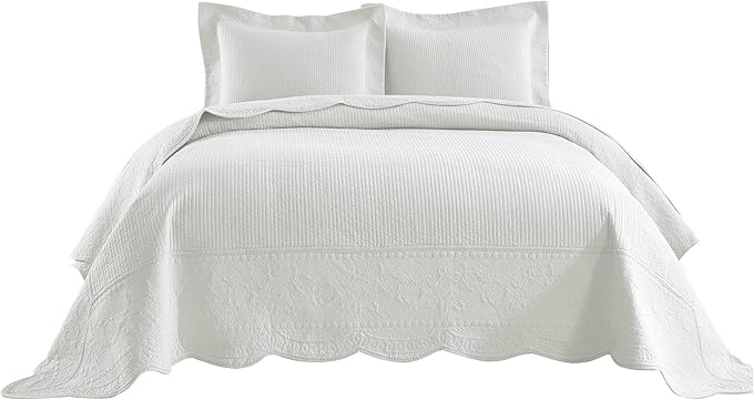 MarCielo 3-Piece 100% Cotton Oversized Bedspread Lightweight Quilt Coverlet Embroidery Farmhouse Bedding Set (TG Bright White, Oversized Queen (100"x106"))