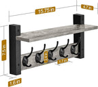Sorbus Coat Hooks Wall Mount with Shelf – 16 Inch Coat Rack Wall Mount with 5 Heavy Duty Hooks – Floating Wall Shelf with Hooks for Entryway, Bathroom, Bedroom, Kitchen, or Mudroom (Gray)