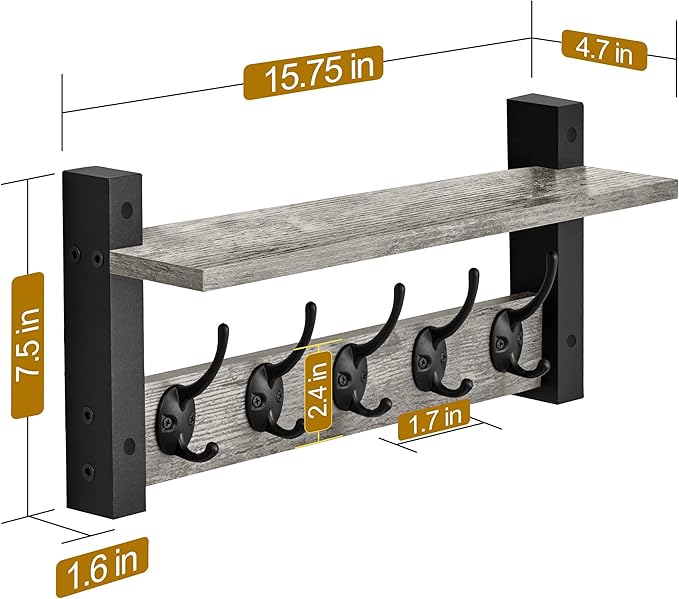 Sorbus Coat Hooks Wall Mount with Shelf – 16 Inch Coat Rack Wall Mount with 5 Heavy Duty Hooks – Floating Wall Shelf with Hooks for Entryway, Bathroom, Bedroom, Kitchen, or Mudroom (Gray)