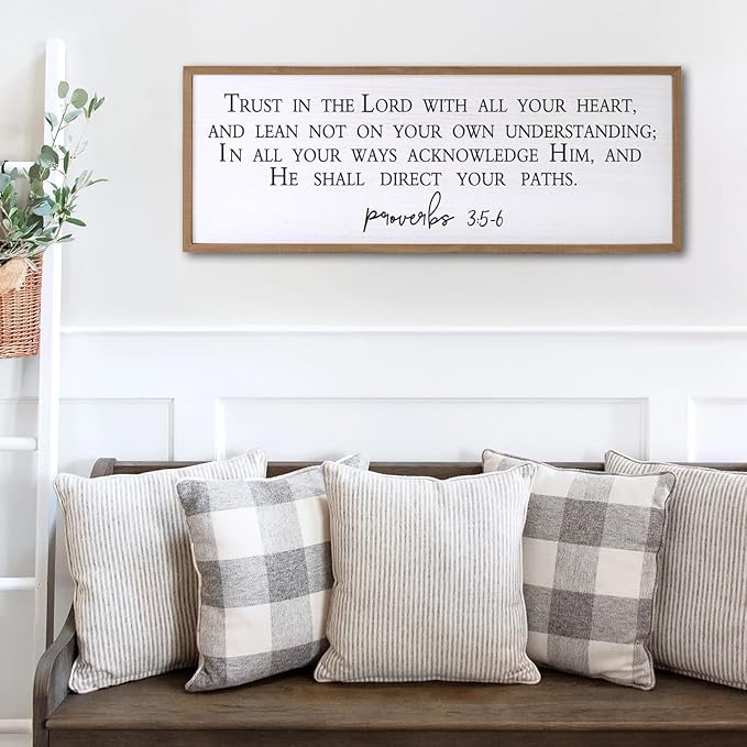 Trust in the Lord With All Your Heart Bible Verse Framed Wall Art, 40''×15'' Rustic Religious Christian Proverbs 3:5-6 Sign, Horizontal Holy Inspirational Catholic Scripture Decor