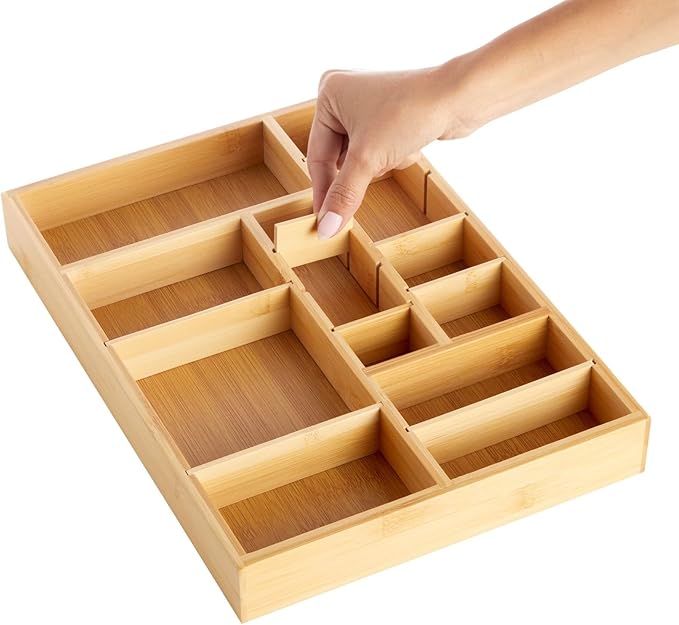 Juvale Drawer Organizer Tray - 14 x 10 x 2 In Brown Bamboo - 8 Adjustable Dividers for Custom Storage - Silverware & Utensil Organizer - Desk Drawer Divider - Versatile Wooden Divided Tray