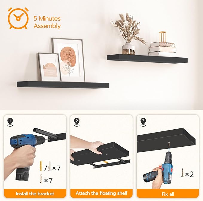 HOOBRO Floating Shelves for Wall, Wall Mounted Shelf Set of 2, 31.5" Hanging Shelf with Invisible Brackets, for Wall in Bathroom, Bedroom, Toilet, Kitchen, Living Room, Office, Black BK80BJP201