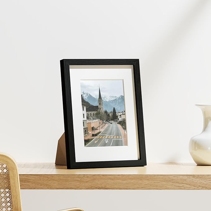 Vittanly 8.5x11 Picture Frames Set of 9, Shatter Resistant Plexiglass, Display 6x8 Pictures with Mat or 8.5x11 without Mat, Photo Frames for Wall or Tabletop, Engineered Wood, Black