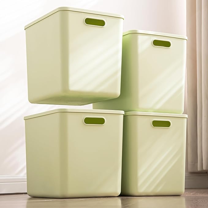 4 pack large plastic White storage bins Baskets, Toy Box Chest with Lids and Handle，Organizer Containers for Baby，Kids,snacks,Nursery，Shelves，Playroom, Bedroom，Office,Closet，home
