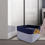 COMFY-HOMI Rectangular Cotton Rope Basket With Handles for Shelves|Dog Toy|Baby Gift - Dark Blue (13.5" x 11" x 9.5")