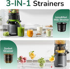 Canoly C16 Cold Press Juicer, 6" Extra Wide Feed Chute, 3-IN-1 Strainers (Juice & Sorbet & Nut Milk), Powerful AC Brushless Motor, Self Precut System, Juicer Machines with BPA-Free (Space Gray)