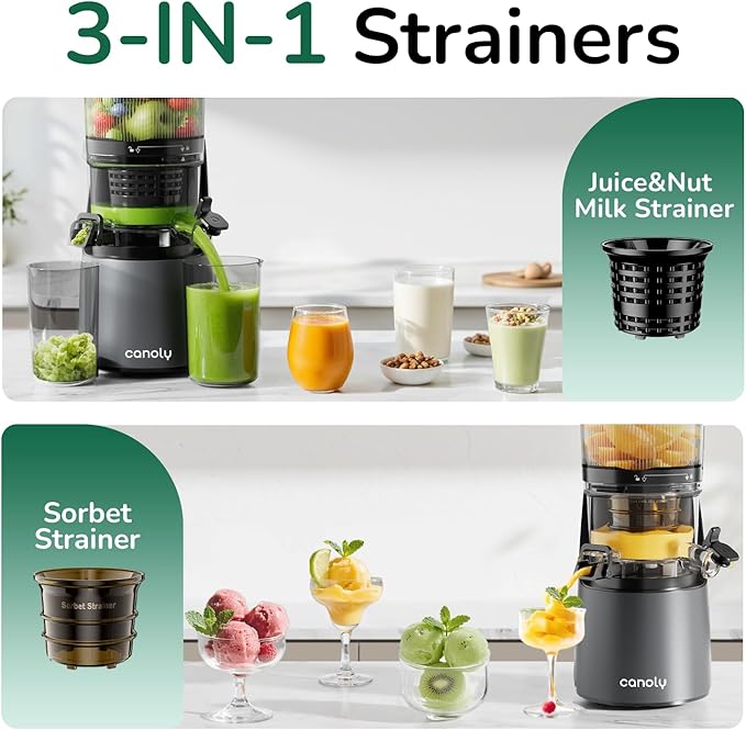 Canoly C16 Cold Press Juicer, 6" Extra Wide Feed Chute, 3-IN-1 Strainers (Juice & Sorbet & Nut Milk), Powerful AC Brushless Motor, Self Precut System, Juicer Machines with BPA-Free (Space Gray)
