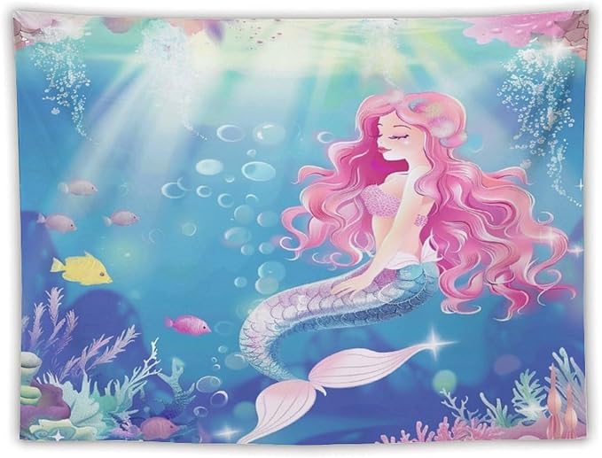 HZOHNAGO Mermaid Girls Tapestry Watercolor Mermaid Princess Pink Hair Pattern for Kids Room Decoration Printed Wall Tapestry Wall Hanging for Bedroom Living Room Dorm 80" W x 60" H