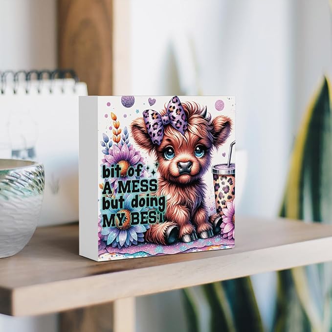 Highland Cow Baby Decor, Highland Cow Sunflower Decor, Highland Cow Gifts for women, Highland Cow Nursery Decor, Wooden Box Decor Sign for Home Farmhouse Office Living Room Table Shelf Tiered