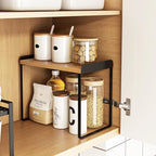 Mitus Shelf Organizer and Storage, Tiered Wood Cabinet Rack for The Kitchen Counter, Bathroom Counter, Pantry Cupboard, Office Desk Bookshelf, 12" Wide Natural and Black
