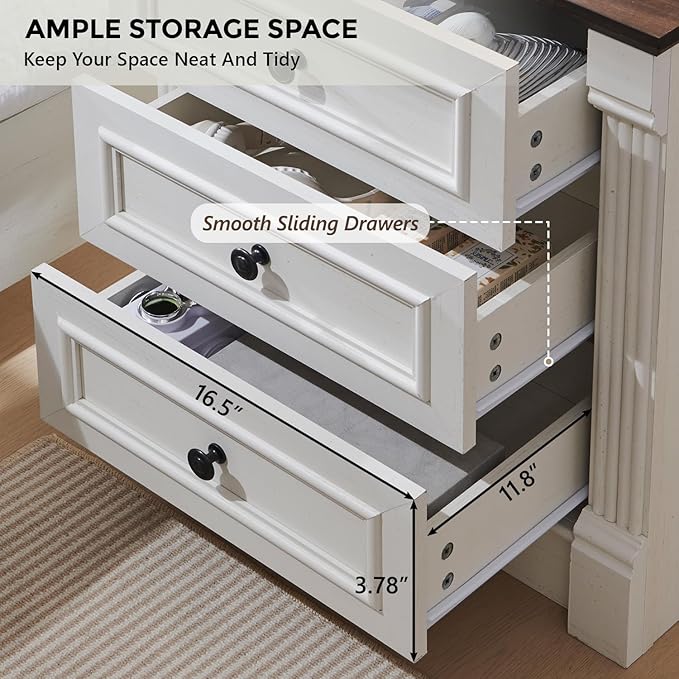 26" Tall Farmhouse Nightstand Set of 2, 3 Drawers End Table w/Charging Station, 23.6" Wide Large Side Table w/Roman Column, Wood Rustic Sofa Table for Bedroom, White