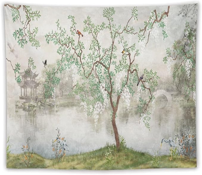 HZOHNAGO Japanese Tapestry Tree Misty Garden Lake Printed Wall Tapestry Ink Painting Wall Hanging for Bedroom Living Room Dorm 60" W x 50" H