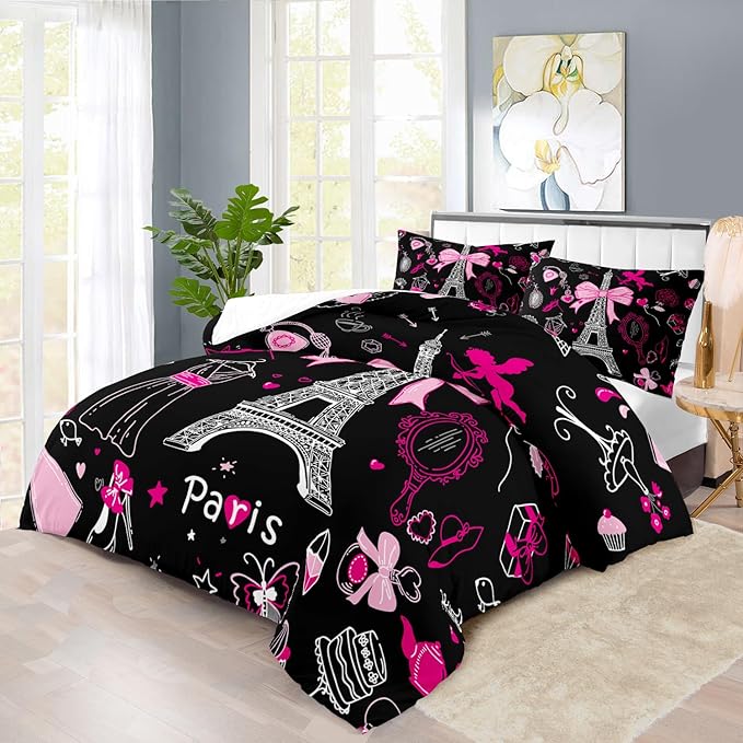 Eiffel Tower Comforter Set Full Size,Eiffel Tower Bedding Set for Girls, Pink and Black Paris Themed Comforter Bedroom Decor,Paris Quilt French Style Romantic Bedding
