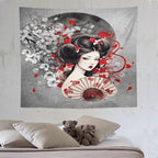 Japanese Geisha Tapestry Asian Red Cherry Blossom Red Sun Traditional Kimono Folk Tapestries Home Decor for Living Room Bedroom Apartment Farmhouse Dorm 60"x50"