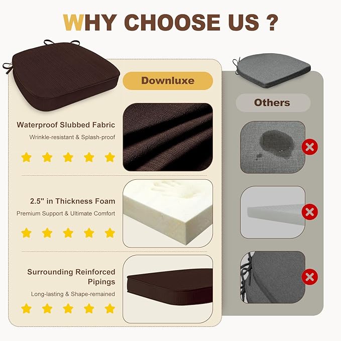 downluxe Chair Cushions for Dining Chairs, Waterproof Kitchen Chair Pads, Non-Slip Dining Seat Cushion with Ties, 17" x 16" x 2.5", Brown, 4 Pack