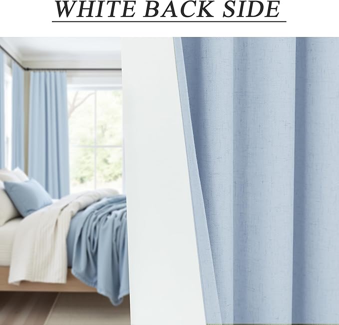 Light Blue Curtains 96 Inches Long for Living Room Linen Boho Blackout Room Darkening Back Tab Pleated Thermal Window Treatments Pale Blue Black Out Curtain Drapes for Bedroom Decor 96 Length 2 Panel