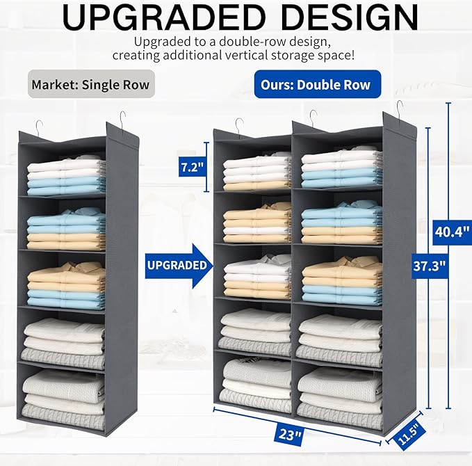 5 Tier Shelf Hanging Closet Organizer, Dual-Row 10 Pocket Cloth Hanging Shelf with 3 Sturdy Hooks for Storage, Foldable (Grey)