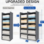5 Tier Shelf Hanging Closet Organizer, Dual-Row 10 Pocket Cloth Hanging Shelf with 3 Sturdy Hooks for Storage, Foldable (Grey)