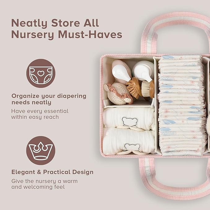 PeraBella XL Diaper Caddy Organizer With Handle, Baby Shower Gifts Basket Bag, Registry Search Must Haves Items, Newborn Girl Boy Nursery Storage Organizer, Baby Bag Essentials, Car Diaper Caddy Cart