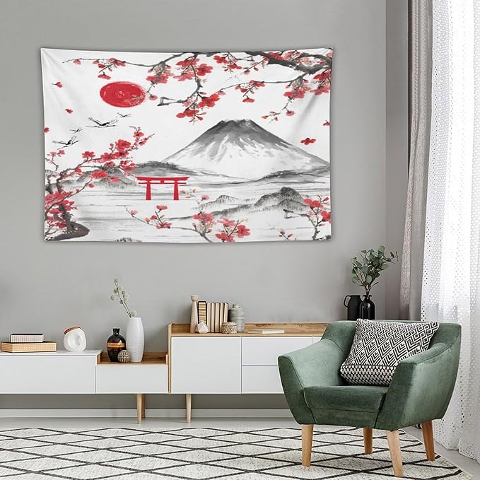 Red Cherry Blossoms Tapestry, Japanese Fuji Mountain Tapestry, Asian Japanese Wall Tapestry, Nature Landscape Tapestries for Bedroom Living Room Decor 60"x40"