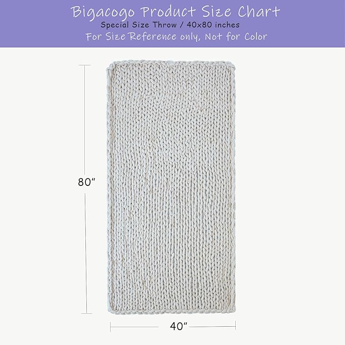 Bigacogo Chunky Knit Throw Blanket for Couch, 40x80 inches, 100% Hand Knitted with Thick Jumbo Chenille Yarn, Cozy Soft Large Rope Knot Cable Crochet Blankets for Sofa Bed Living Room, White