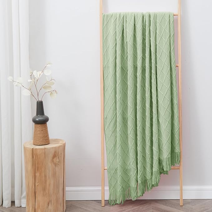 inhand Sage Green Throw Blanket for Couch, Soft Living Room Home Decor Knitted Blanket with Tassel, Outdoor Lightweight Breathable Summer Blanket, Farmhouse Warm Woven Decorative, 50"x60"