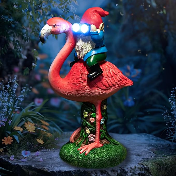 Solar Flamingo Gnome Garden Decor Statue, Outdoor Funny Solar Light Decoration for Yard, Patio, Lawn, Unique Housewarming, Birthday Gift for Women, Mom, Grandma
