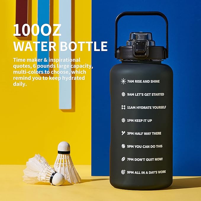 64oz,100oz,128oz Large Motivational Water Bottle with Time Marker, Leakproof & BPA Free Half Gallon Big Water Bottle with Straw Handle Tritan Frosted Water Jug for Gym,Fitness,Outdoor Sports