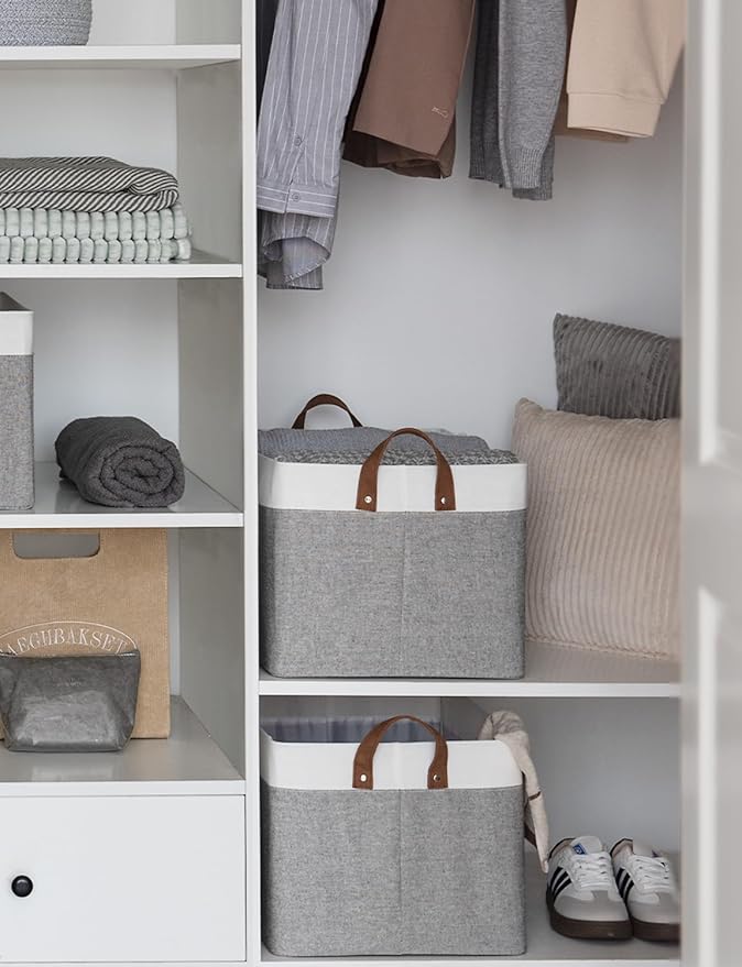 StorageWorks Storage Bins, Fabric Storage Bins for Shelves, Extra Large Storage Baskets with Metal Frame, Closet Baskets and Bins with Handles, Jumbo, Gray and White, 2-Pack