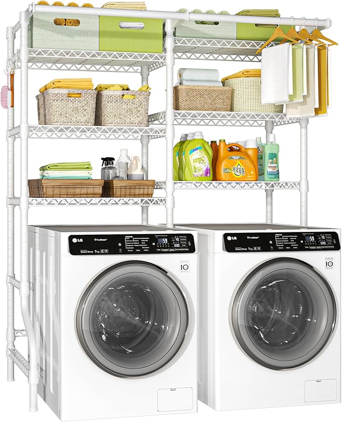 Ulif U13 Over Washer and Dryer Storage Shelves, 6 Tiers Laundry Room Standing Shelf with 2 Hanger Rods, Space Saver Clothes Drying Rack, 63.4" W x 22" D x 77.4" H, White