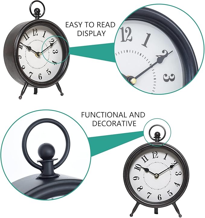 Vintage Black Table Clock on Stand, Decorative Desk and Shelf Clock, Rustic Mantel Clock Farmhouse Clock Non-Ticking