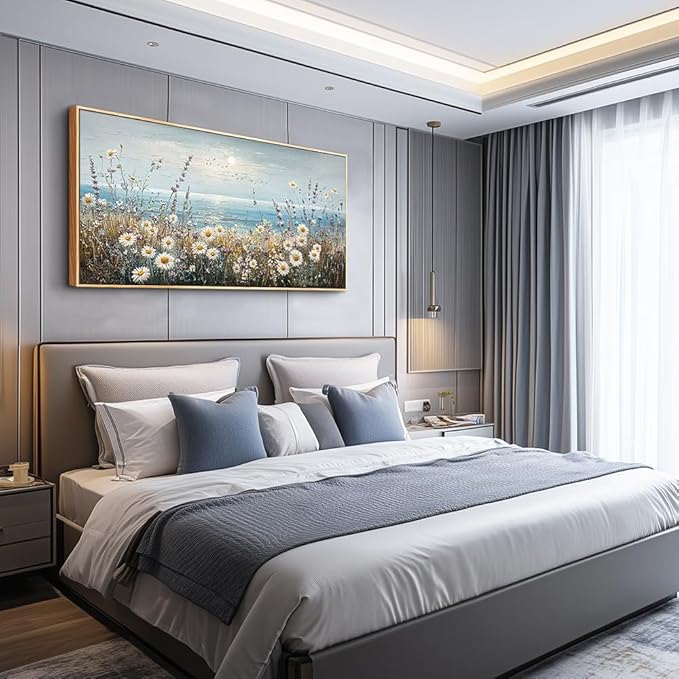 PHAOHUAXM Wall Decor For Living Room Wall Art For Bedroom Office Decorations Blue Ocean Paintings Flowers Watercolour Wall Pictures Canvas Artworks Home Decor Ready To Hang Wood Framed 20x40 In