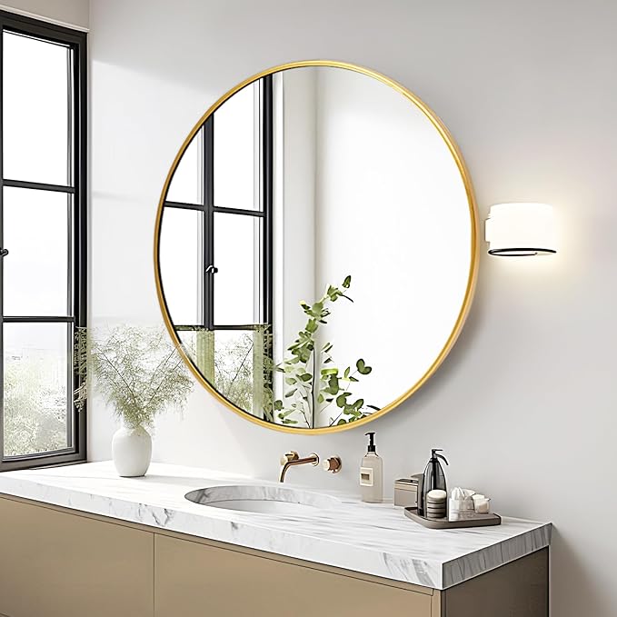Fabuday Large Round Mirror for Wall 36 Inch Gold - Huge Circle Mirror Bathroom, Living Room, Bedroom, Hallyway, Matte Frame Metal Mirrors