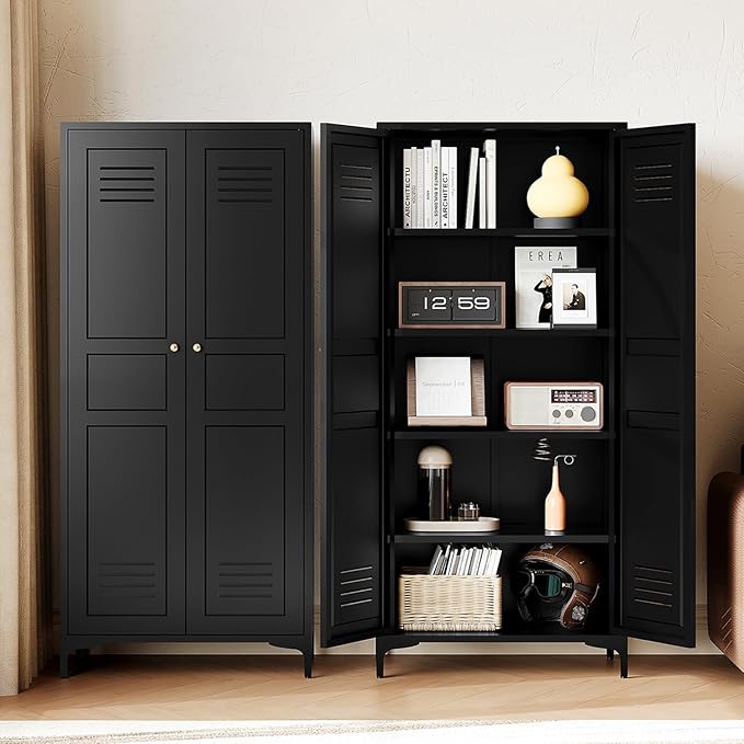 Letaya Black Storage Cabinet with Feets-Metal Home Kitchen Pantry Cabinets with Doors and Adjustable Shelves,Organization Locker for Cupboard/Bedroom/Dining/Living/Bathroom/Office/Garage Room (Black)