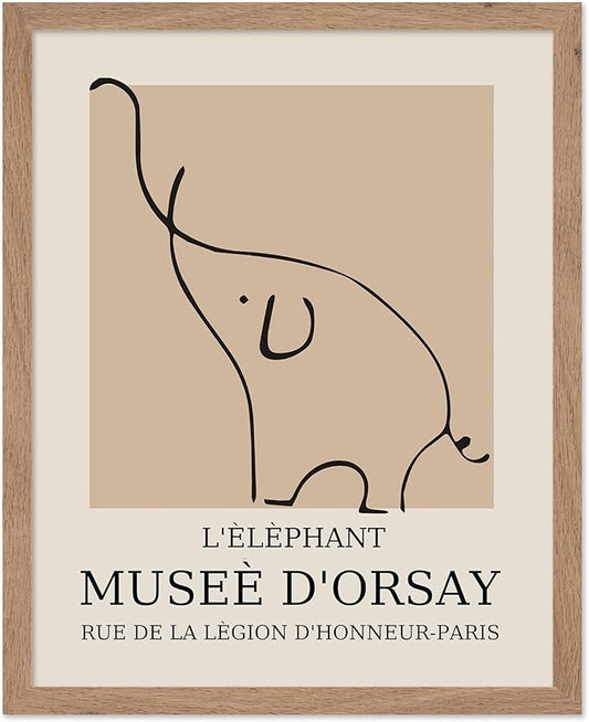 Poster Master Vintage Poster - Retro Minimalist Print - Gift for Artist, Housewarming - Elephant, Line Drawing, Sketch, Abstract - Wall Decor for Living Room, Bedroom, 8x10 Beige Framed