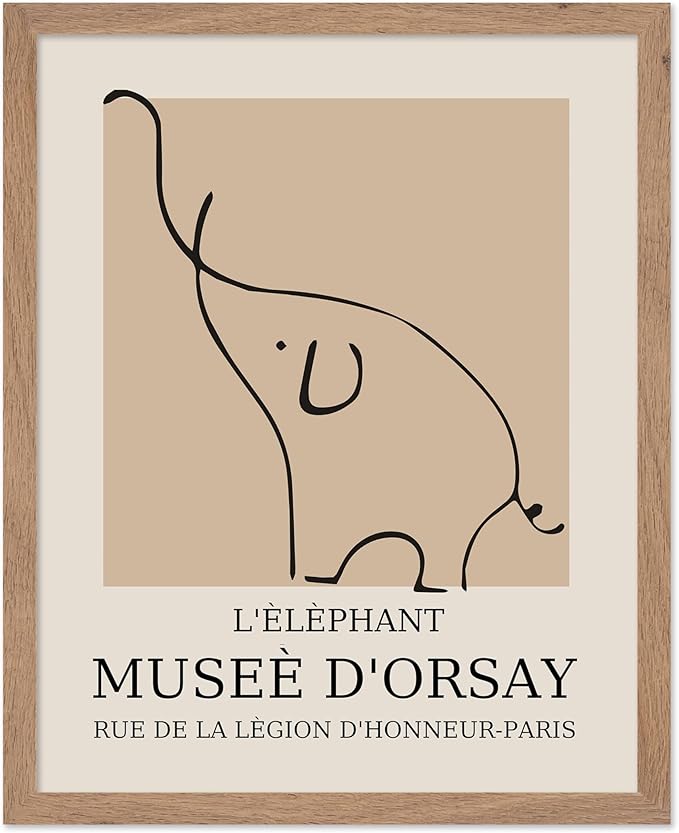 Poster Master Vintage Poster - Retro Minimalist Print - Gift for Artist, Housewarming - Elephant, Line Drawing, Sketch, Abstract - Wall Decor for Living Room, Bedroom, 11x14 Beige Framed