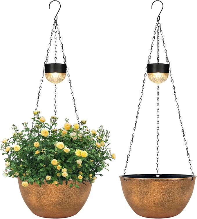 2 Packs Hanging Planters Basket for Outdoor Plants, Solar Powered Self Watering Bronze Round Plastic Flower Pots with Drainer for Balcony Patio Garden Outdoor Decoration