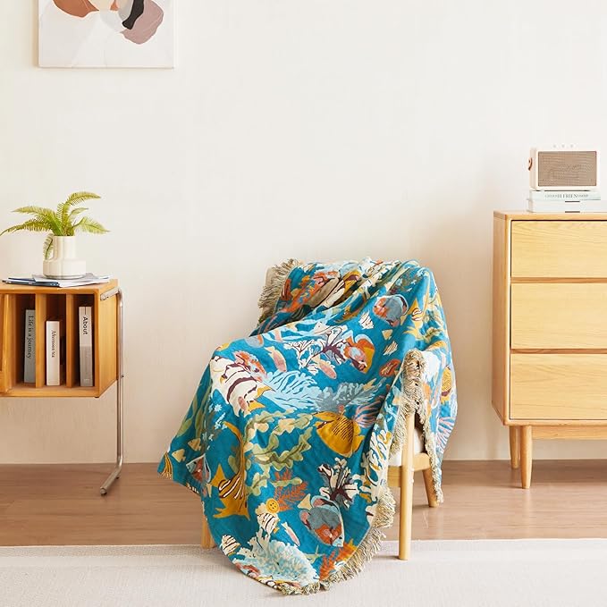 MSGKV Throw Blanket for Couch Bed Cotton Muslin Breathable Cute Ocean Animals Twin Size Blanket 60"x80" for All Seasons Lightweight Farmhouse Blankets