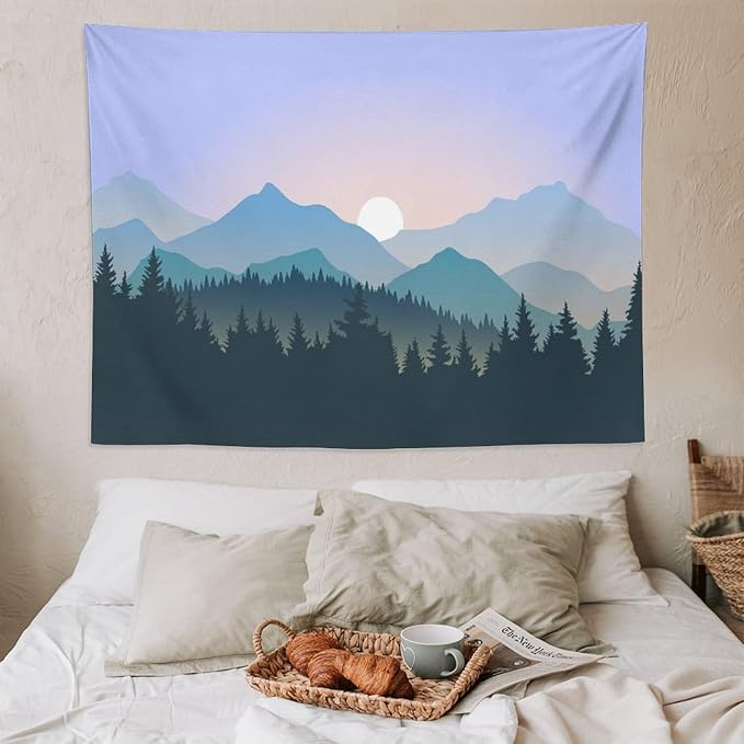 HZOHNAGO Mountain Tapestry Forest Mountain Sunrise Pattern Printed Wall Tapestry Wall Hanging for Bedroom Living Room Dorm 80" W x 60" H