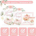 Aukolass Pumpkin Party Supplies Tableware Set - Fall Theme Party Decorations Including Plates, Napkins and Cups for Pumpkin Birthday and Baby Shower Party, Serves 24 Guests (pink)