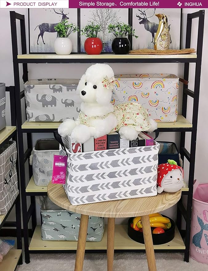 Rectangular Storage Basket Fabric Organizer Bin for Toys,Books,Clothes,Gifts,Pets-Perfect for Home,Office,Nursery,Dorm,Shelf(Rec Grey Arrow)