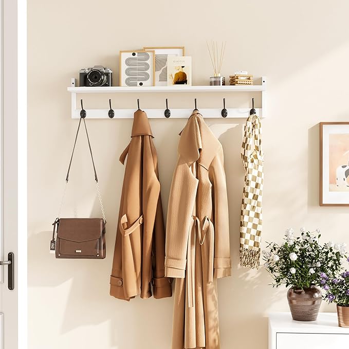 BAMEOS 35" L Wall Hooks with Shelf, Entryway Coat Hooks for Wall with Shelf, Wood Wall Hanging Shelf, Wall-Mounted Coat Rack with 7 Dual Metal Hooks for Bathroom, Kitchen, Living Room, Bedroom (White)