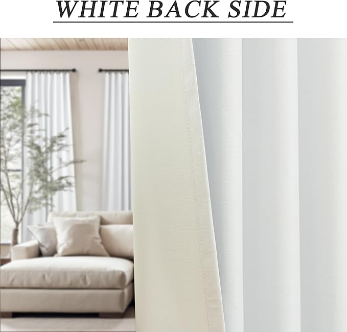 Thick Linen Blackout Curtains 105 Inches Long 2 Panels Set White Custom Length Heat Cold Draft Blocking Winter Curtains Back Tab Pocket Large Window Drapes for Office Home Living Room Bedroom 52 Wide