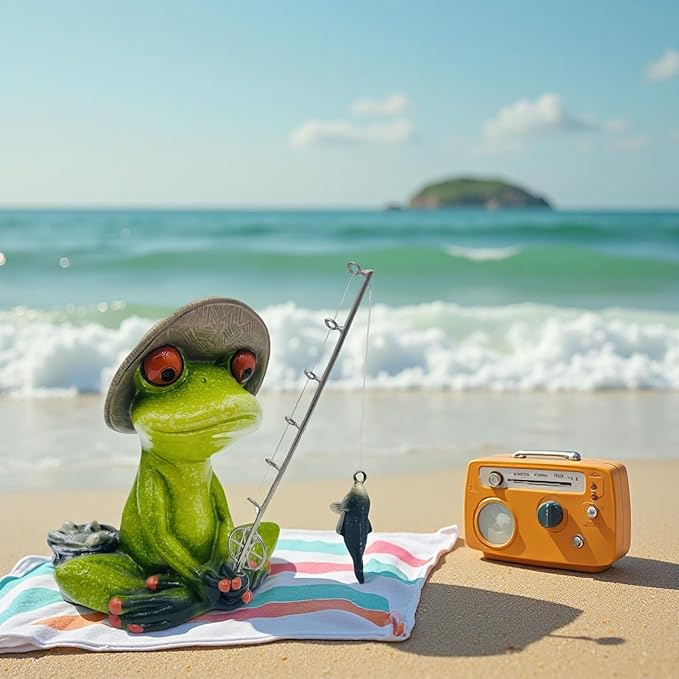 Frog Fishing Decor, Summer Garden Statues, Ocean Beach Decorations, Home Bookshelf Desktop Statues Shelves Bathroom Decorative Ornaments Gift (Frog Fishing)