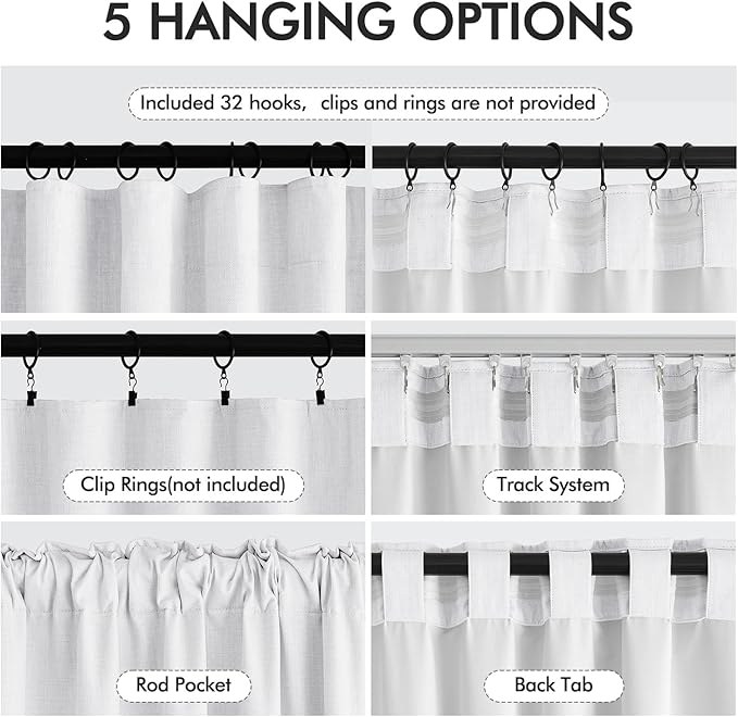MIULEE 100% Blackout Curtains 102 Inch Long 2 Panels Set for Bedroom, Thick Faux Linen Black Out Curtain Room Darkening Back Tab Pleat Window Textured Drapes with Hooks for Living Room, Bright White