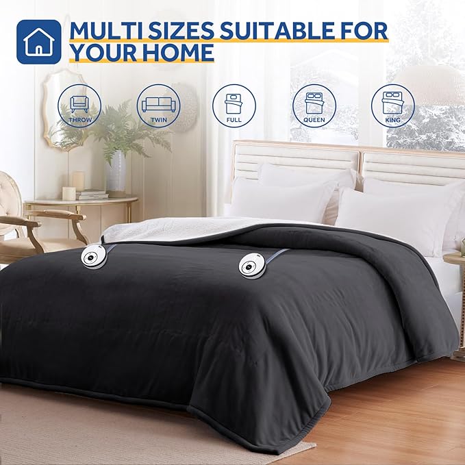 Sealy Electric Blanket King 100"*90",Super Cozy Flannel to Sherpa Reversible Heated Blanket King Size with 10 Heating Levels & 1-12 Hours Auto Off Overheating Protection Machine Washable,Charcoal